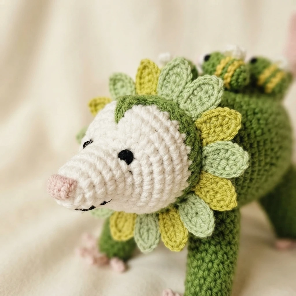 Crocheted green opossum with a white face, black bead eyes and a pink nose, surrounded by a ring of green and yellow crocheted petals, with small striped bee figures resting on its back, photographed on a soft cream cloth.