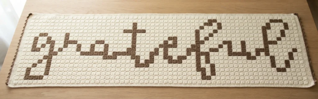 Long cream crocheted table runner with the word “grateful” in brown block lettering and a narrow brown edge, displayed flat on a wooden table.