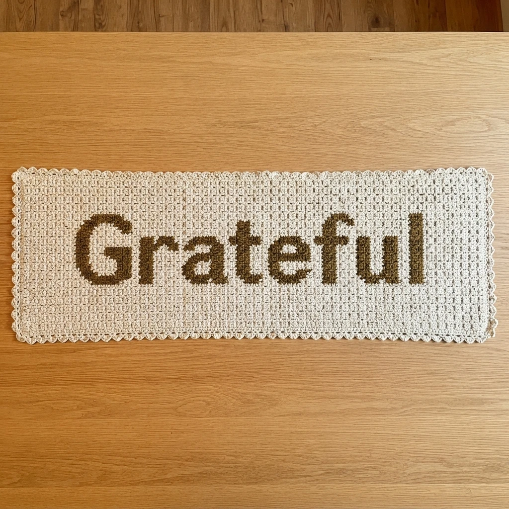 Cream crochet table runner with the word “Grateful” in brown, displayed flat on a wooden table.