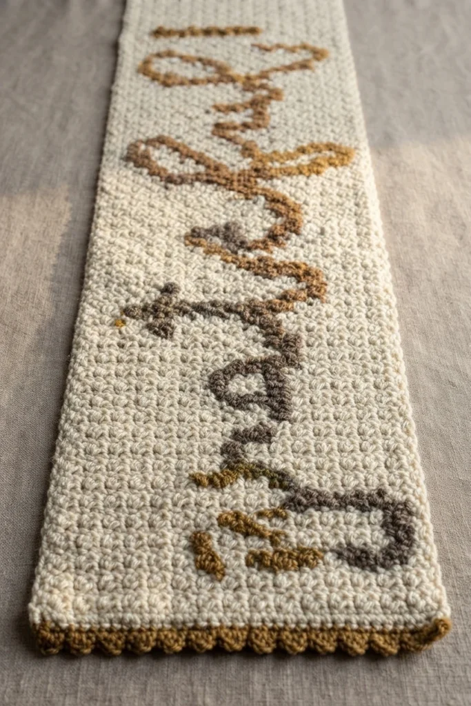 Long chemin de table crocheté crème avec un mot en lettres brunes et dorées, posé sur un tissu gris.