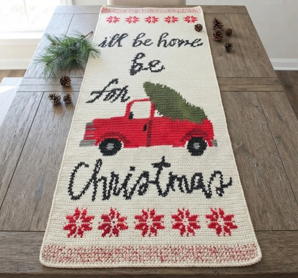 Crocheted Christmas table runner with a red truck carrying a tree, dark lettering, red snowflakes, and a pink border on a wooden table.