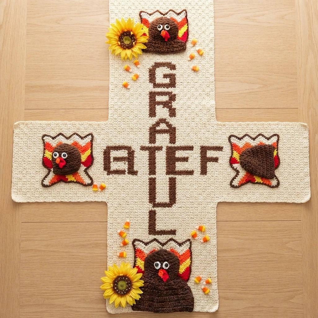 A cream crocheted cross-shaped table runner with brown lettering, turkey motifs, candy corn and sunflowers.