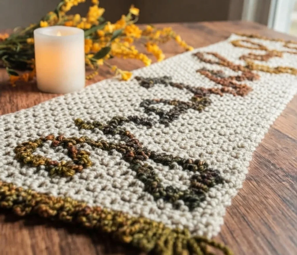 Chemin de table crocheté crème avec le mot « Grateful » en couleurs automnales, posé sur une table en bois près d’une bougie et de fleurs.