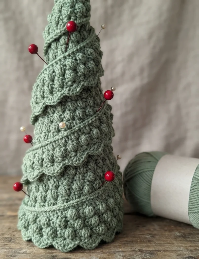 Single crocheted Christmas tree in light sage green yarn with layered ruffled ribbon rows wrapped around a cone, held with round headed pins, next to a ball of matching green yarn on a wooden surface with a beige fabric backdrop.