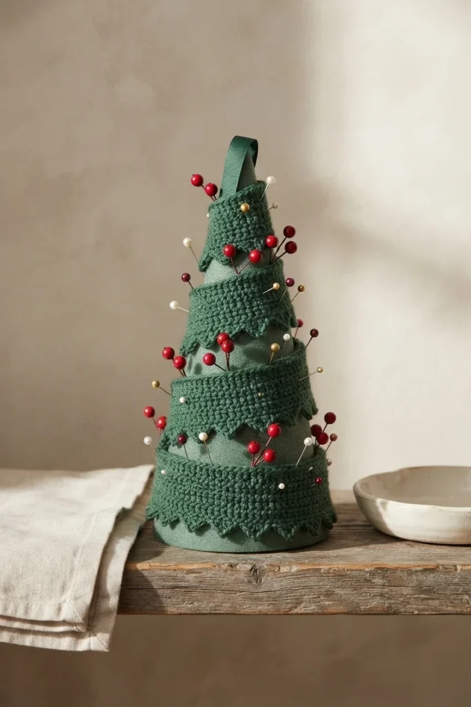 Crocheted green tree shaped cover wrapped around a cone, held in place with round headed pins and small red and cream beads, standing on a rustic wooden shelf next to a folded linen cloth and a small ceramic dish.