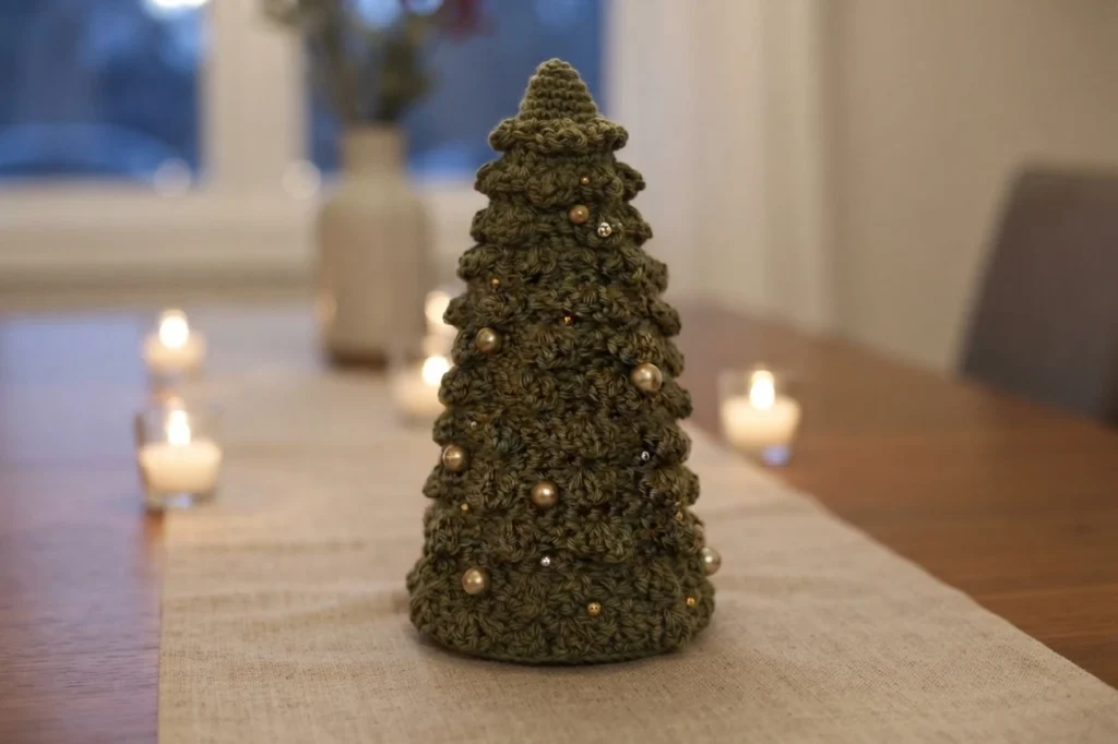 Single olive green crochet Christmas tree with a layered textured surface, decorated with pearl beads and small gold beads, standing on a linen table runner with candles blurred in the background.