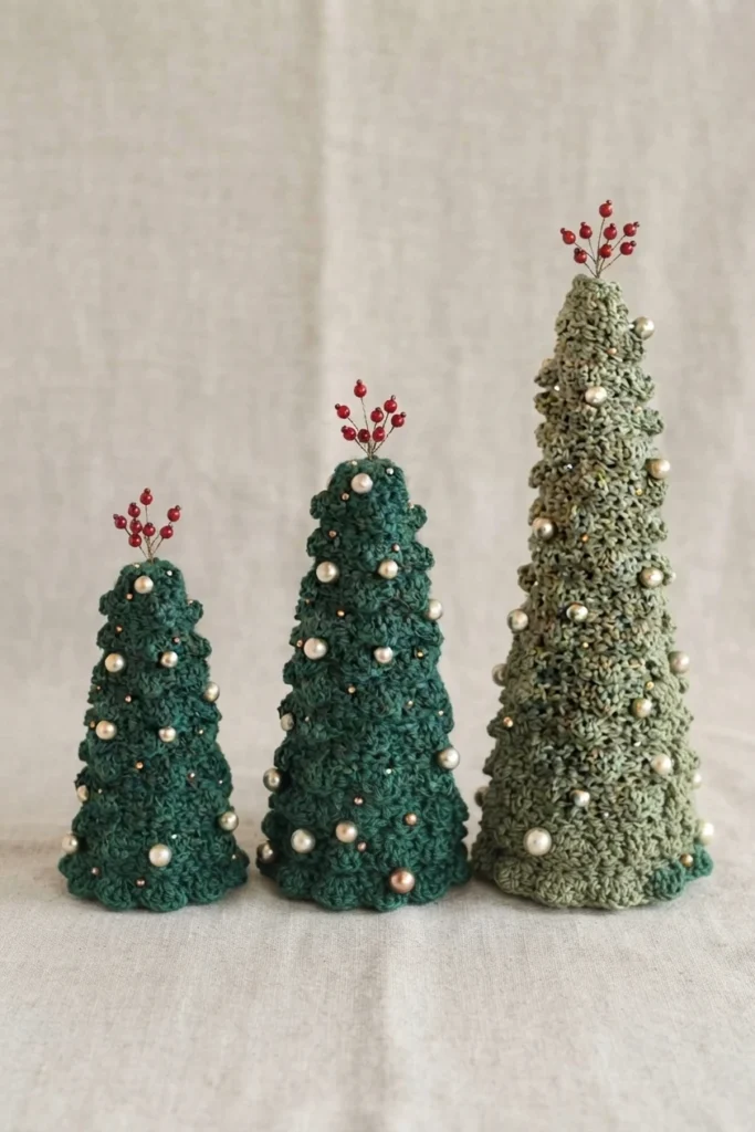 Three crocheted Christmas trees in dark green and sage green standing in a row on a beige linen surface, each decorated with small pearl beads and topped with a sprig of red berries.