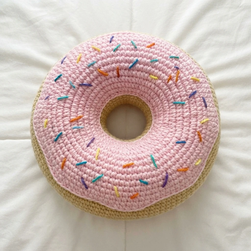 Pink crocheted donut cushion with colorful sprinkles on white fabric
