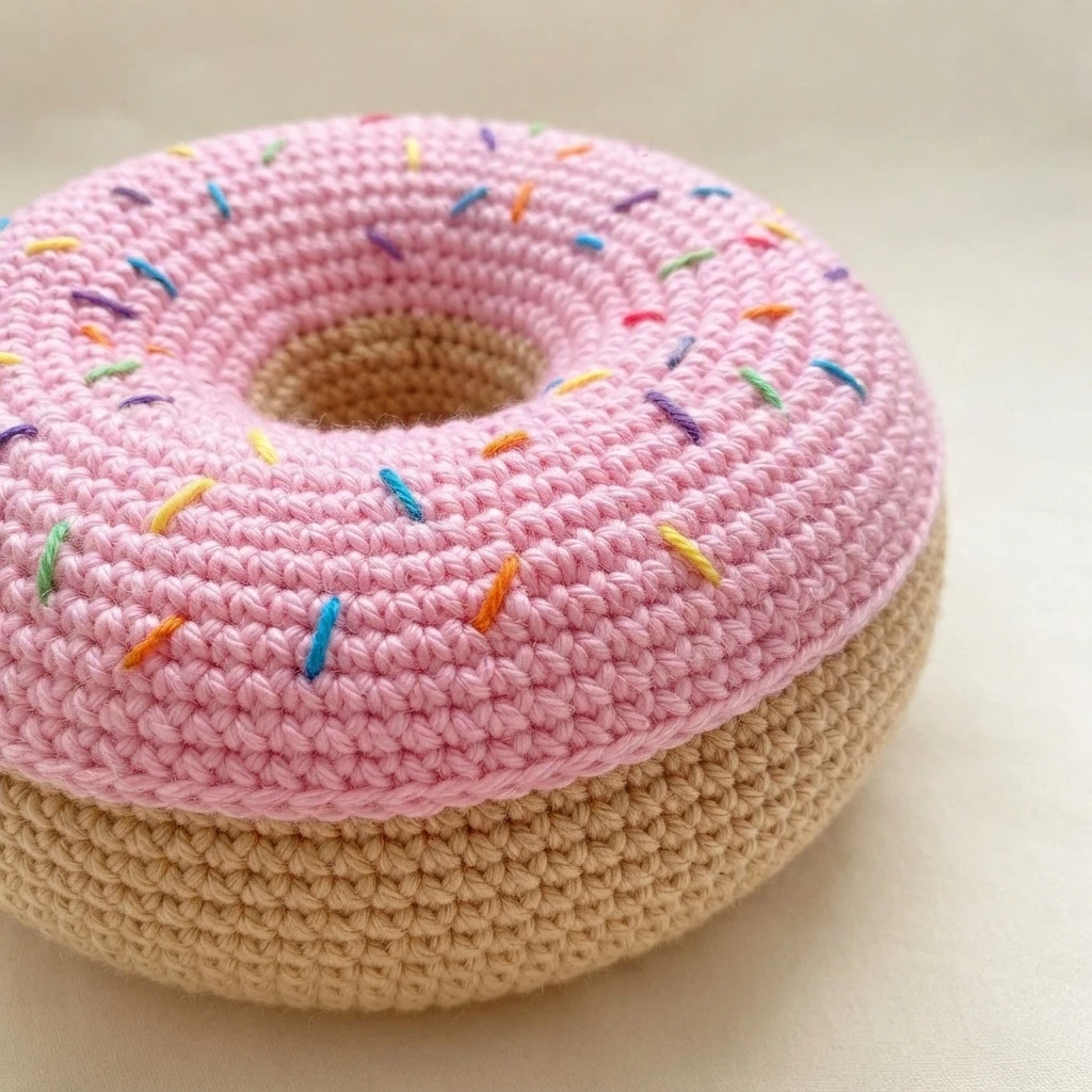 Crocheted donut cushion with pink top, colorful sprinkles and beige base on a light background