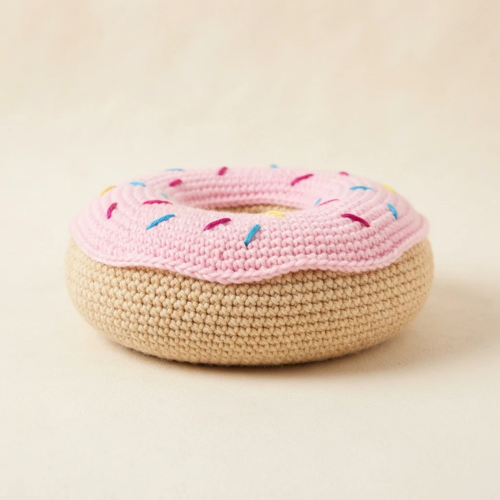 Crochet donut cushion with pink frosting, colorful sprinkles and beige base on a light background