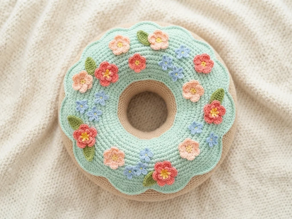 A crocheted donut cushion with mint green frosting decorated with small pink, peach and blue flowers, lying on a cream knit blanket.