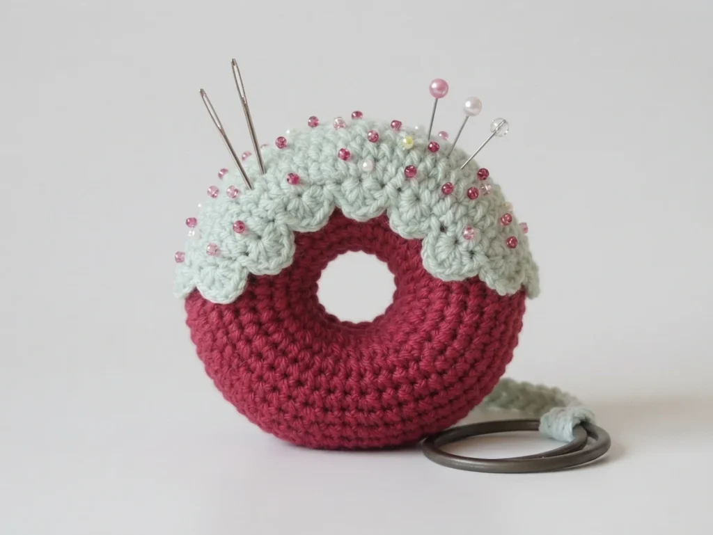 A small crocheted donut-shaped pincushion with a red base and mint-green icing dotted with pink beads, holding sewing needles and ball-head pins
