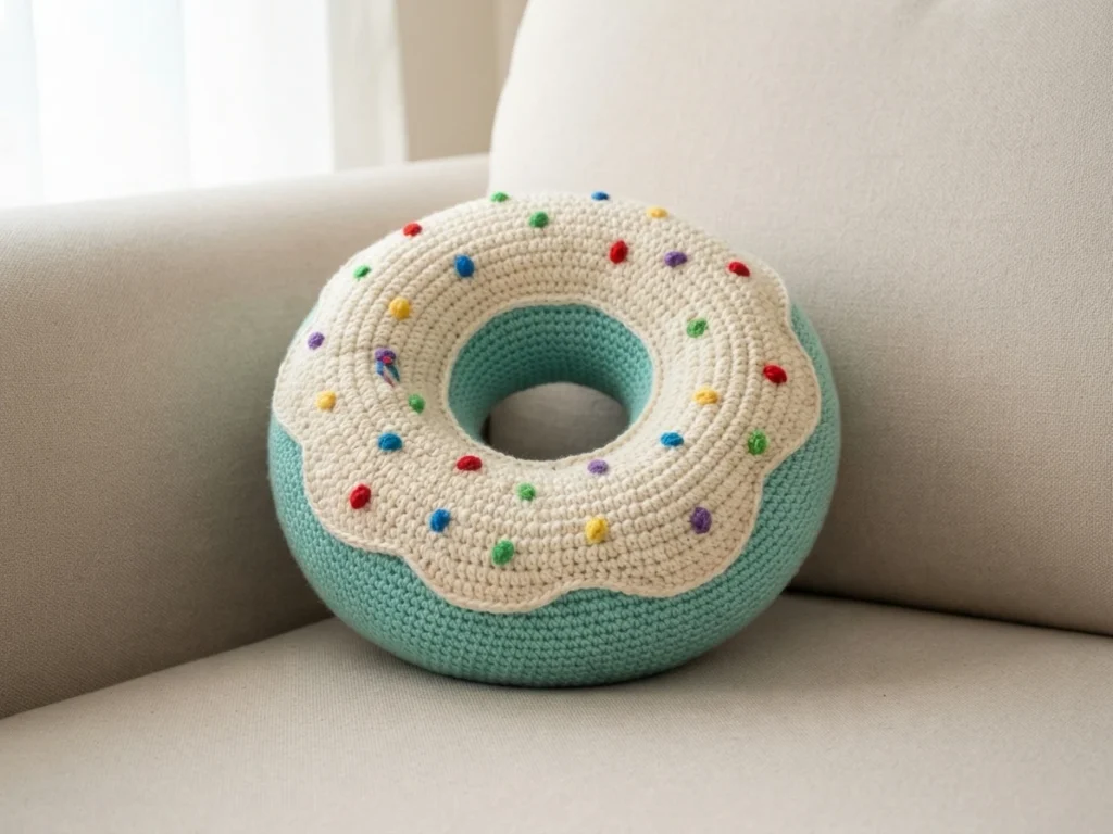 Finished crochet donut pillow with white frosting and small colorful dot sprinkles resting on a beige sofa