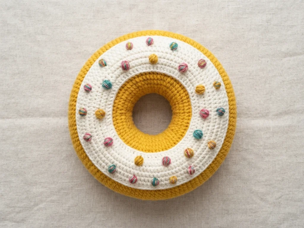 Crocheted donut cushion with mustard yellow base, white frosting ring and multicolored dot sprinkles on light linen fabric.