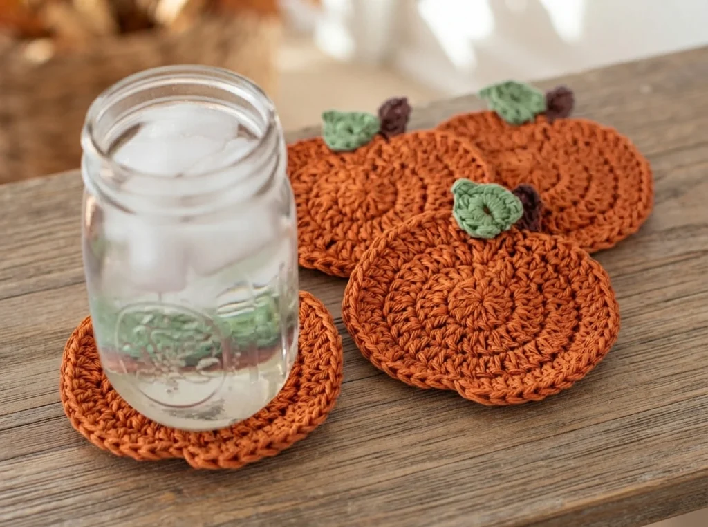 Three orange crocheted pumpkin coasters with green leaves and brown stems arranged around a glass jar on a wooden tabletop.