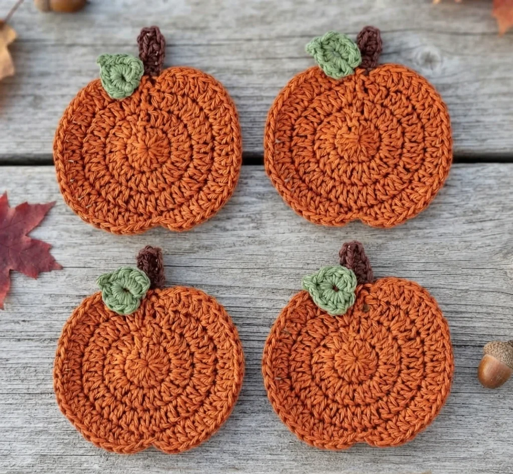 Four orange crocheted pumpkin coasters with green leaves and brown stems arranged on weathered wooden boards.