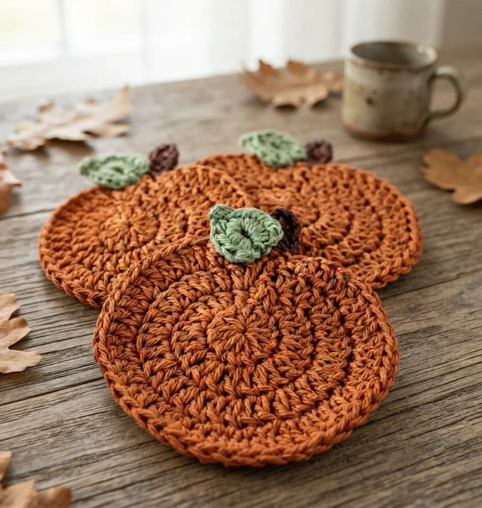 Three orange crocheted pumpkin coasters with green leaves and brown stems on a wooden table beside a mug and autumn leaves.