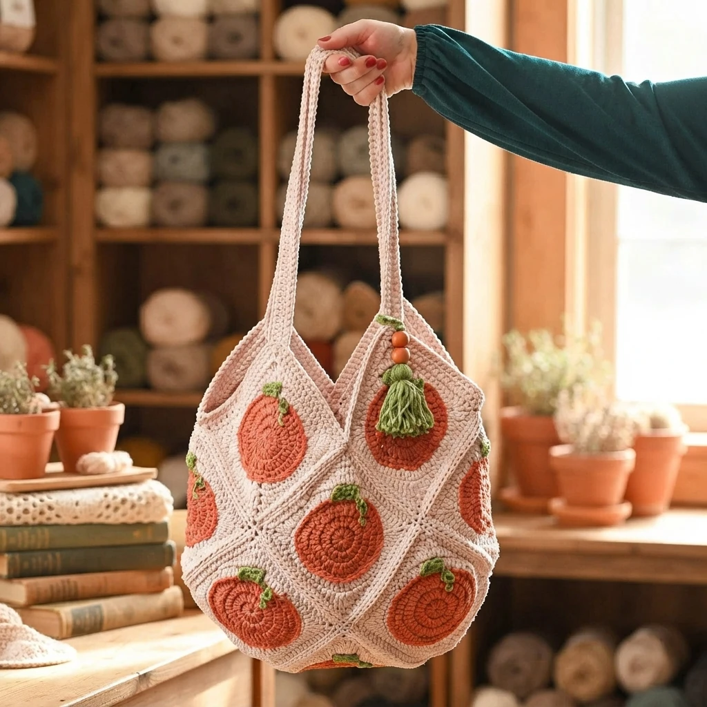 A hand holds a pale crocheted tote bag decorated with orange pumpkin motifs and green accents.