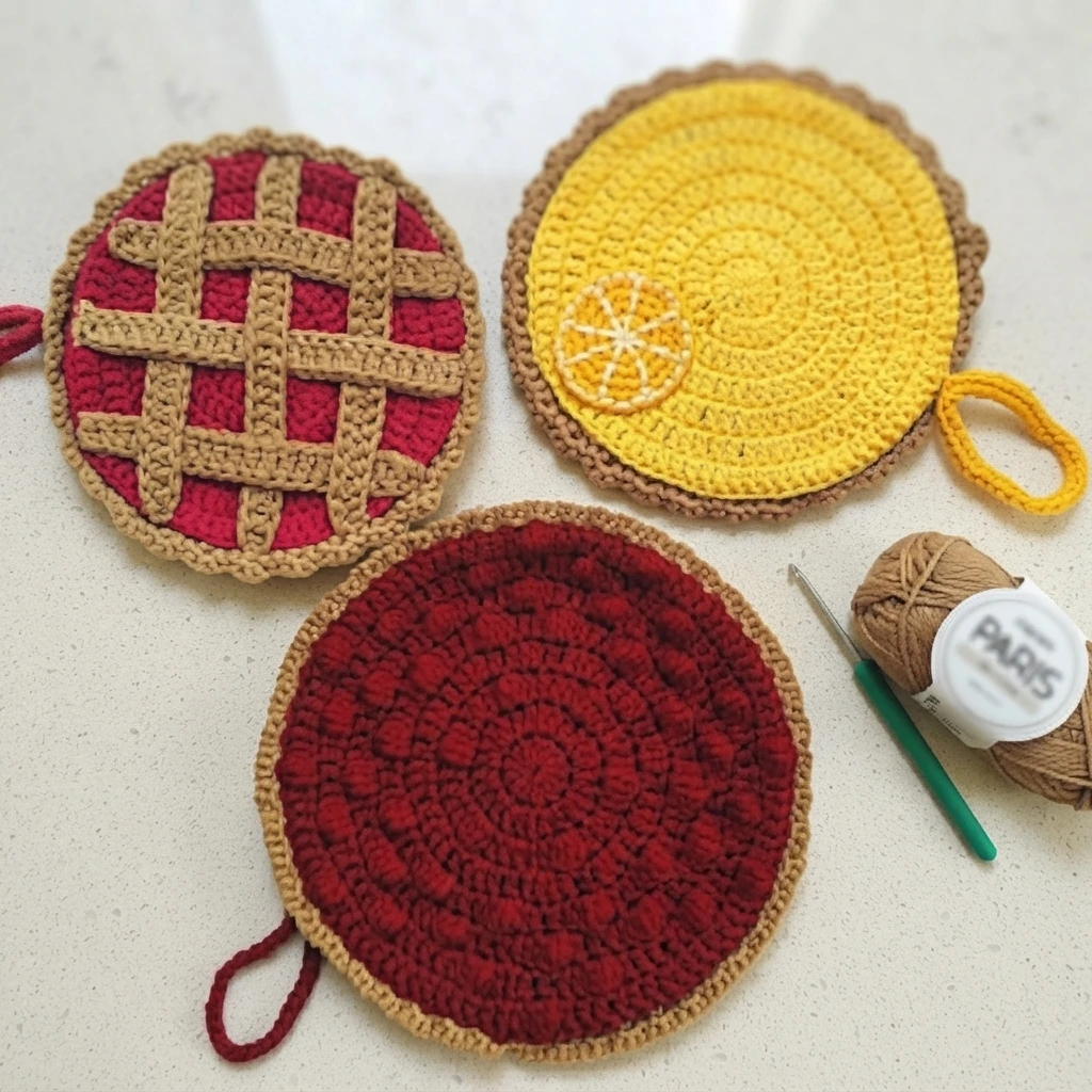 Three round crochet pie-shaped potholders, one with lattice, one yellow with a lemon slice, one dark red textured, beside a ball of beige yarn and a green crochet hook.