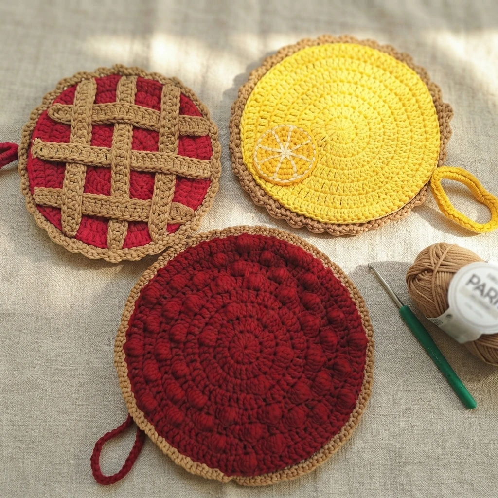 Three round crocheted pie oven mitts, one red with lattice crust, one yellow lemon with a lemon slice, and one dark red cherry, shown with a green crochet hook and a ball of tan yarn.