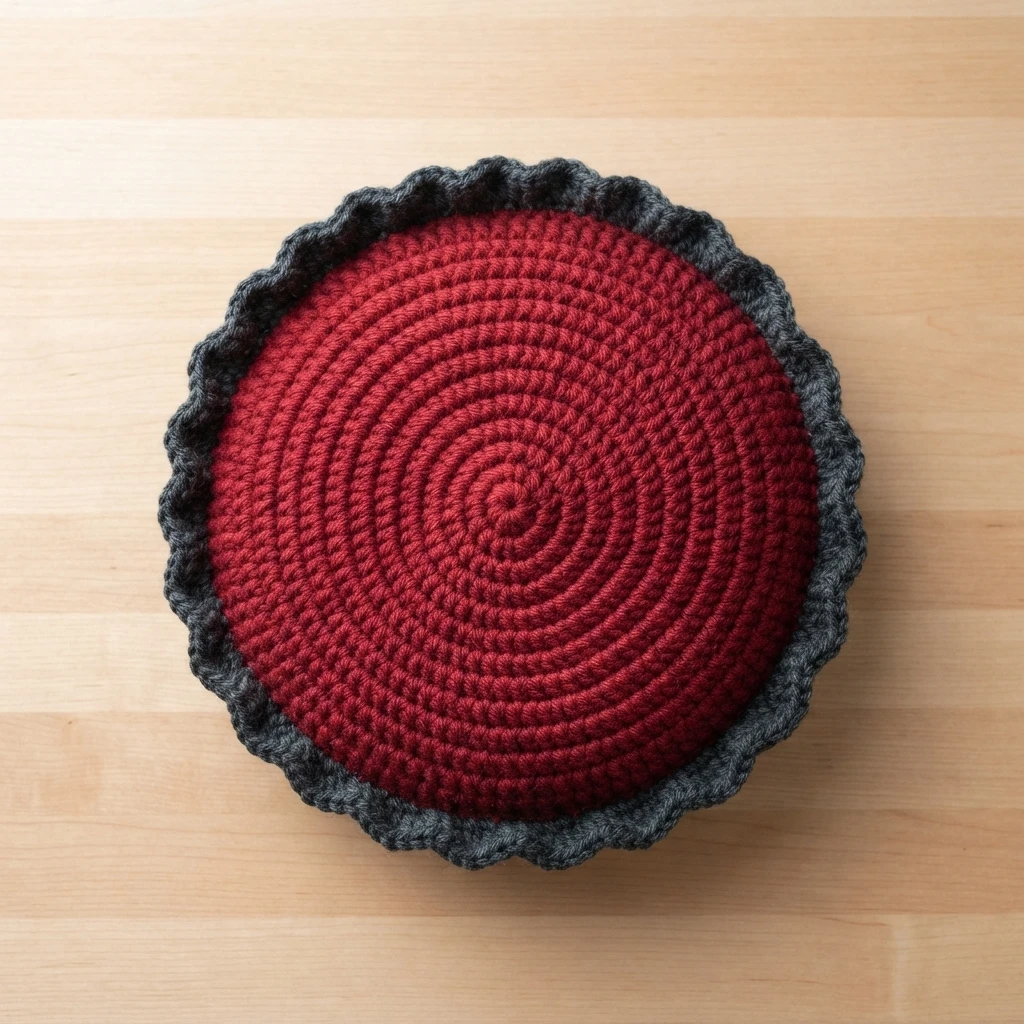 Crocheted red cherry pie potholder with a dark ruffled crust edge lying on a wooden surface