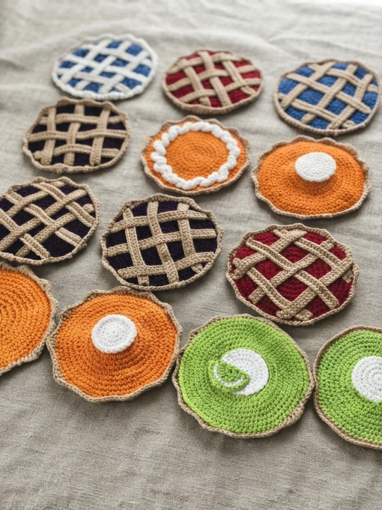 Collection of round crocheted pie-shaped oven mitts in red, blue, orange and green with lattice tops and plain tops arranged on light fabric