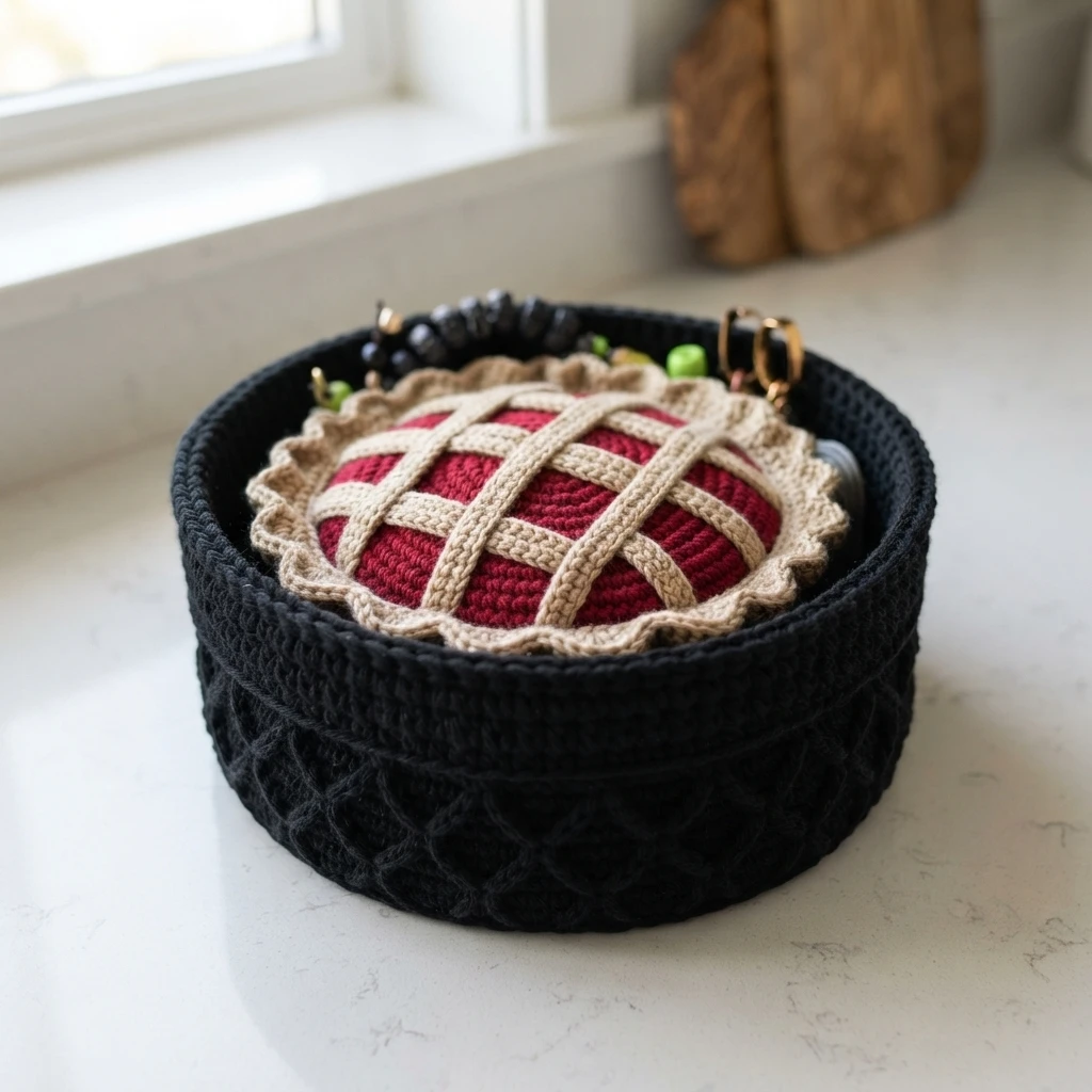 Red crocheted pie potholder with beige lattice crust resting inside a black textured crochet basket on a kitchen counter