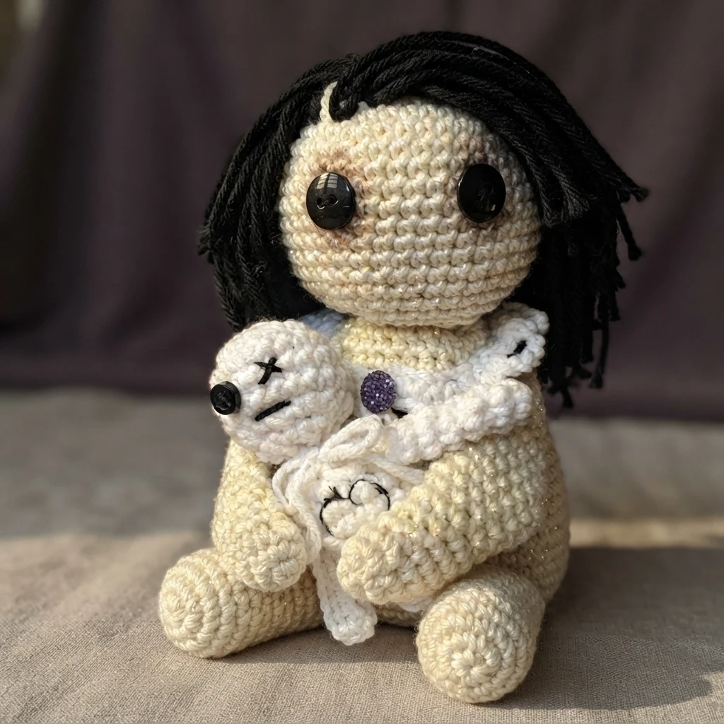 Crocheted ivory doll with black yarn hair and black button eyes, seated and holding a small white crocheted doll with an X stitched eye, on a beige surface against a dark plum background.
