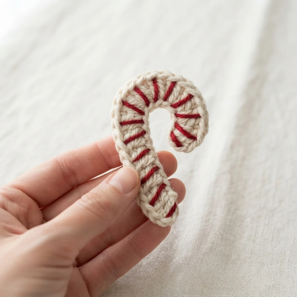 A hand holding a crocheted candy cane applique in cream yarn with red stitches, worked as a curved cane with a striped look, photographed against a plain light fabric background.