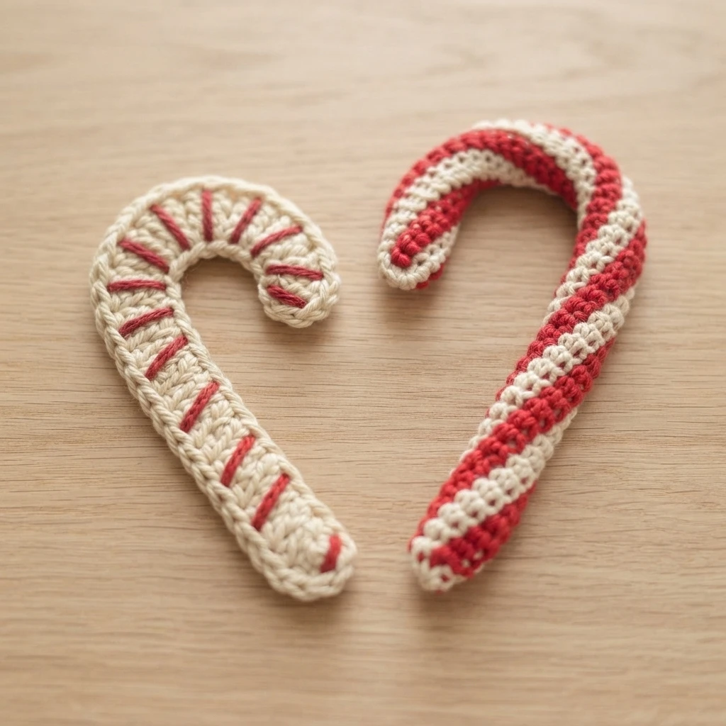 Two crocheted candy cane appliques lying on a light wood surface, one cream with short red stitched stripes and one worked in alternating red and white stripes.