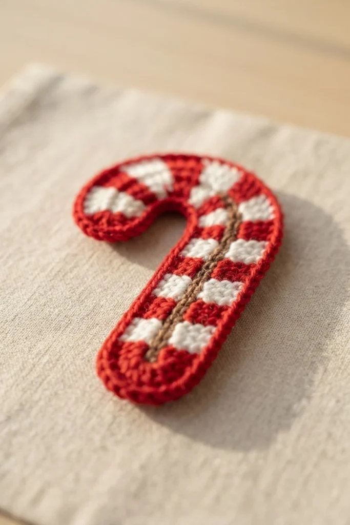Crochet candy cane applique with alternating red and white stripes resting on a light linen fabric surface