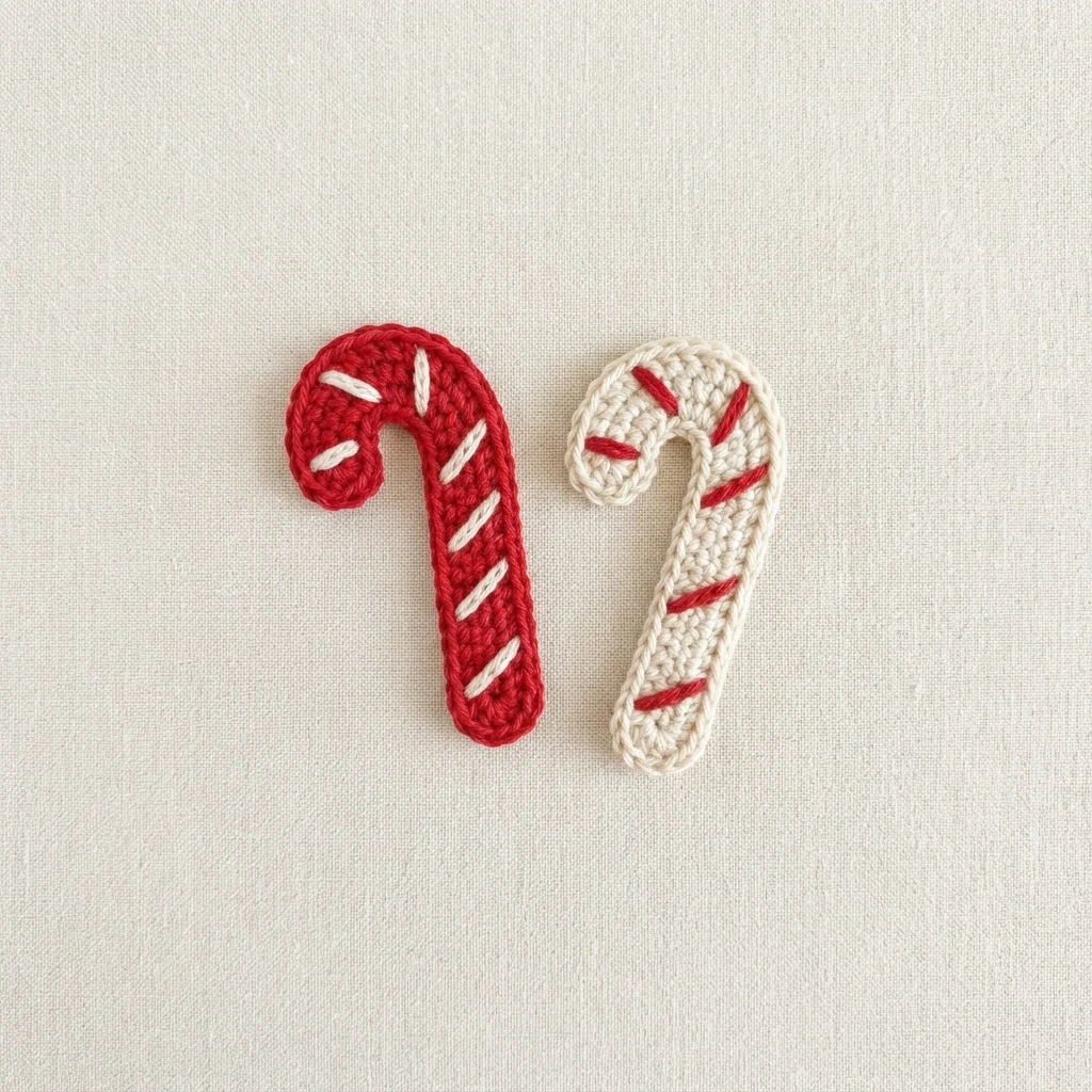 Two crochet candy cane appliques resting on a plain cream fabric surface, one worked in red with white diagonal stripes and one worked in natural cream with red diagonal stripes.