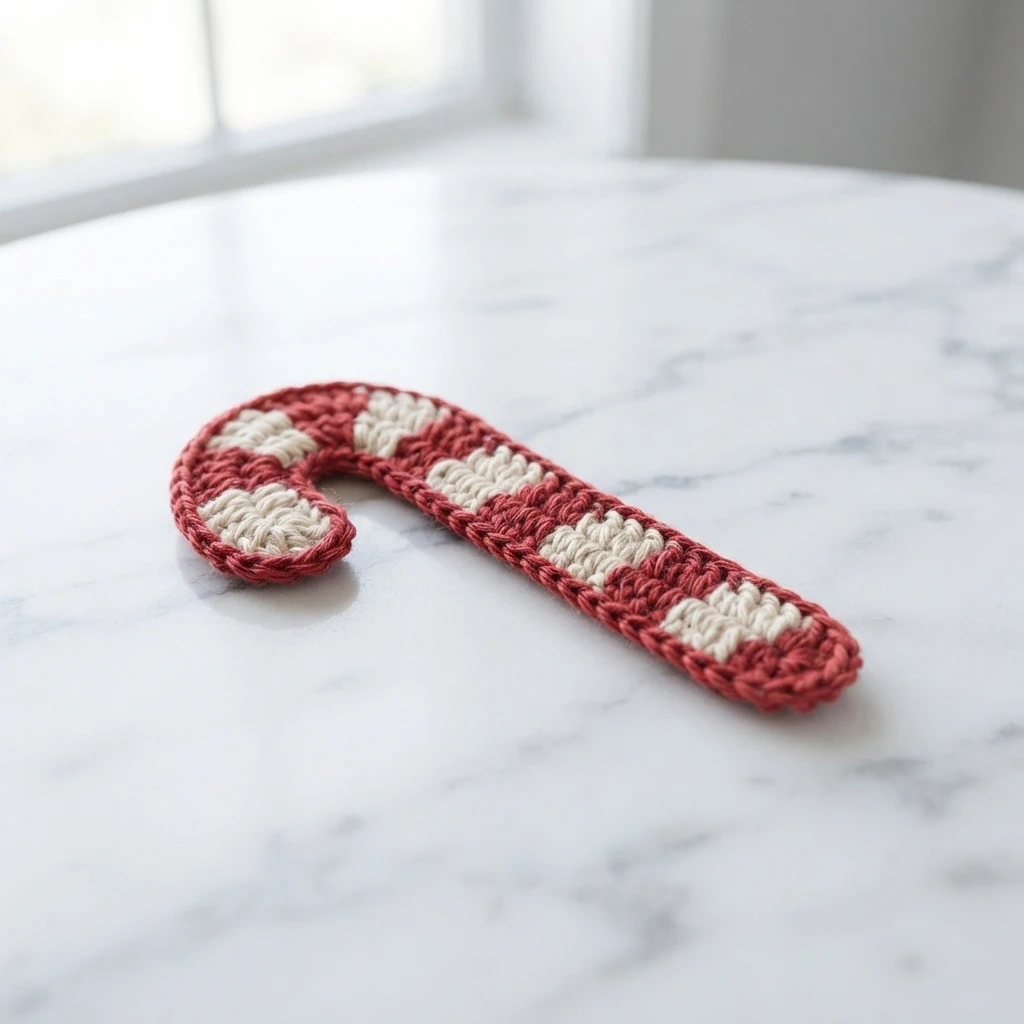 Une applique crochetée en forme de canne de Noël, rayée de rouge et de blanc, posée sur une surface blanche marbrée près d'une fenêtre.