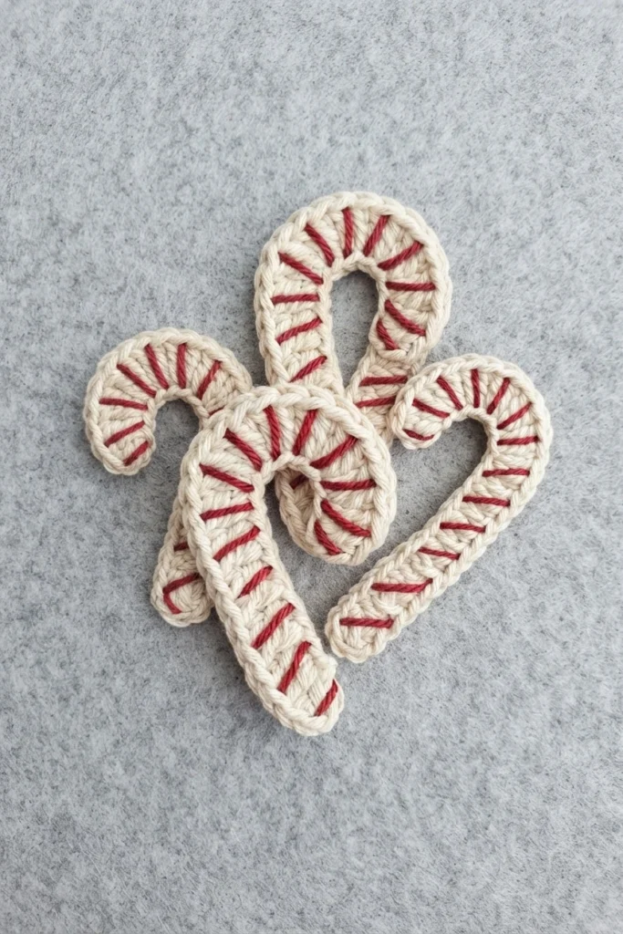 Three cream crochet candy cane appliques with red stripes arranged flat on a gray felt surface, curling in different directions.