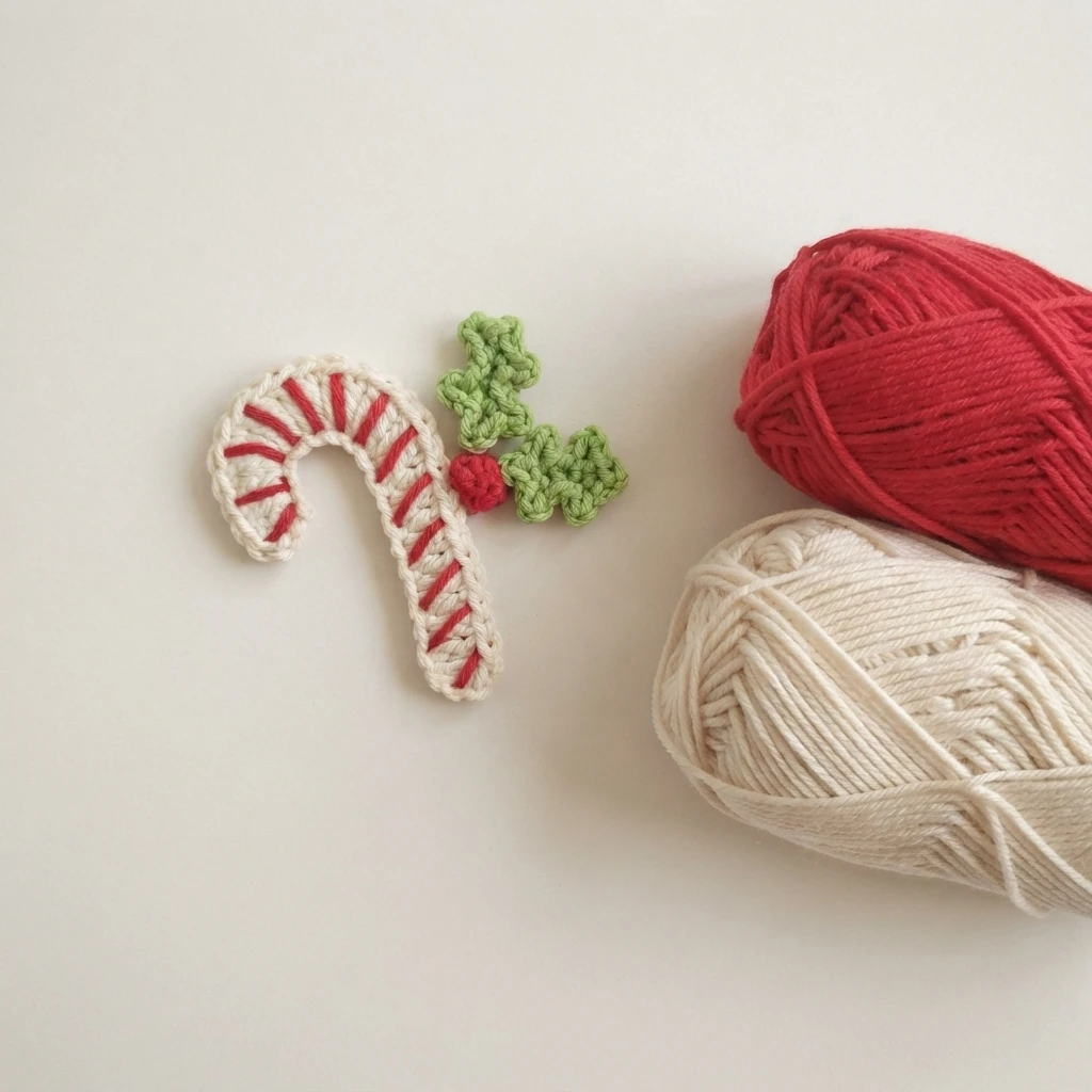 A crocheted candy cane applique with red stripes and small green holly leaves, placed beside a ball of red yarn and a ball of cream yarn on a plain white surface.