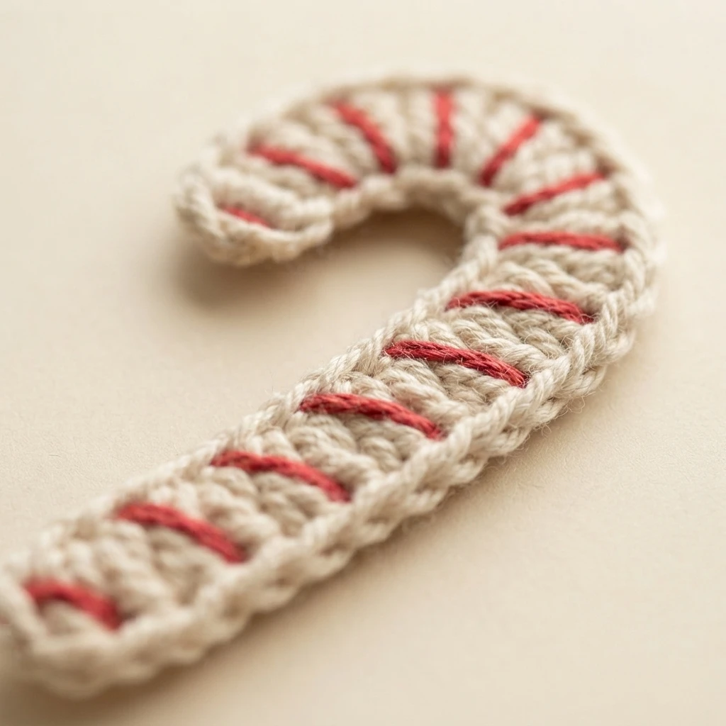 Crocheted cream candy cane applique with narrow red stripes lying flat on a plain pale surface