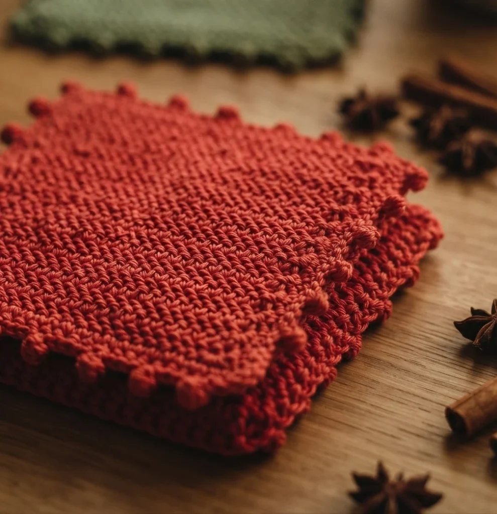 Deux maniques crochetées rouges unies, superposées sur une table en bois avec des épices décoratives.