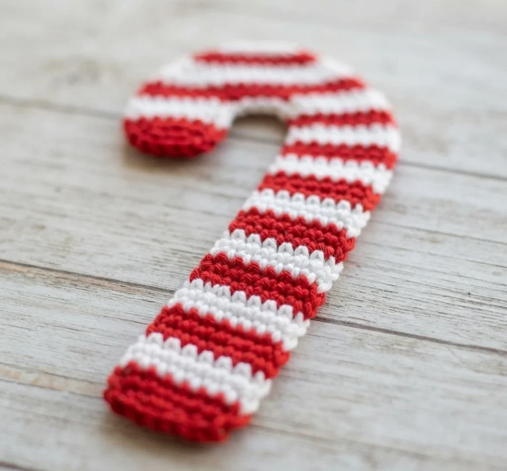 Canne à sucre crochetée à rayures rouges et blanches posée sur une surface en bois clair.