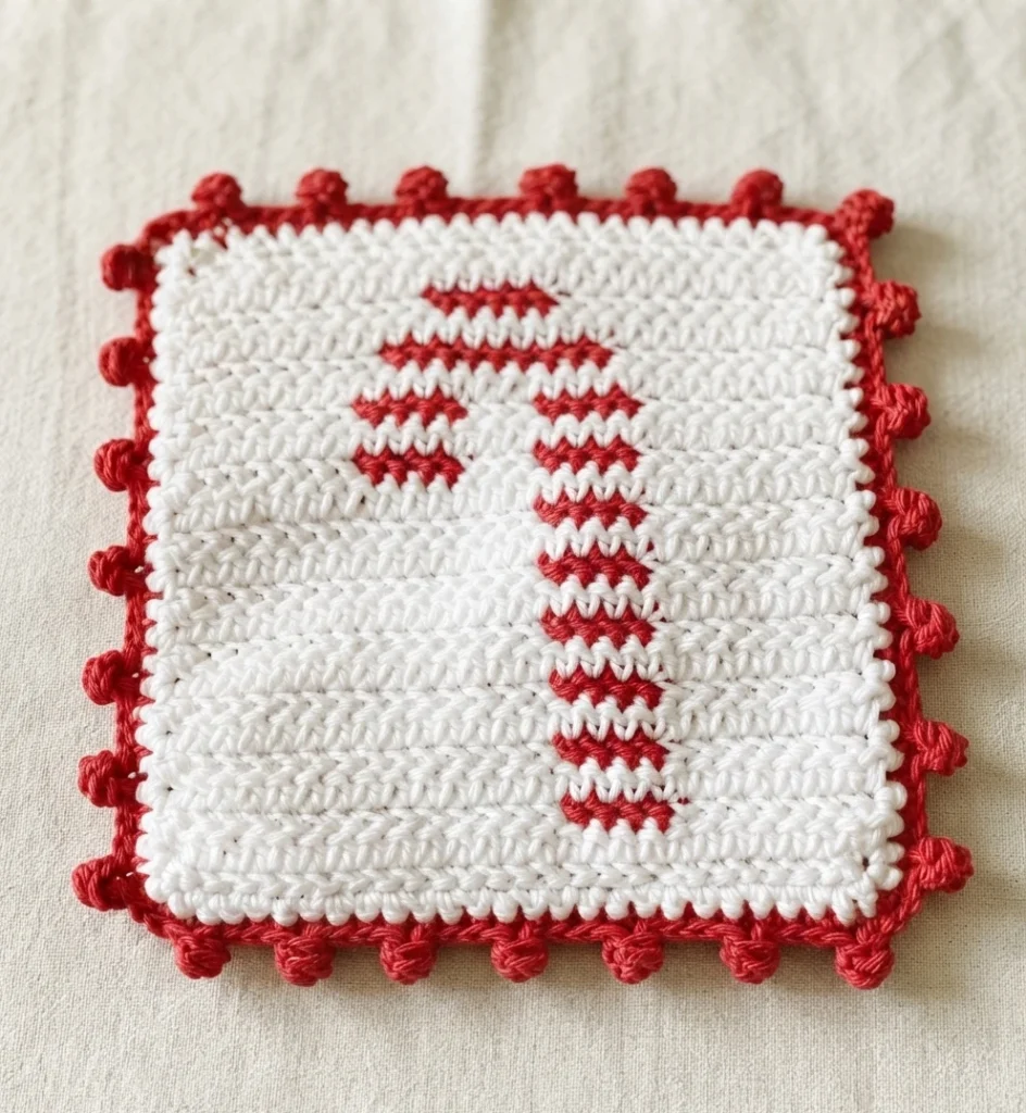 White crocheted potholder with a red candy cane motif and a red bobble border on a light fabric background.