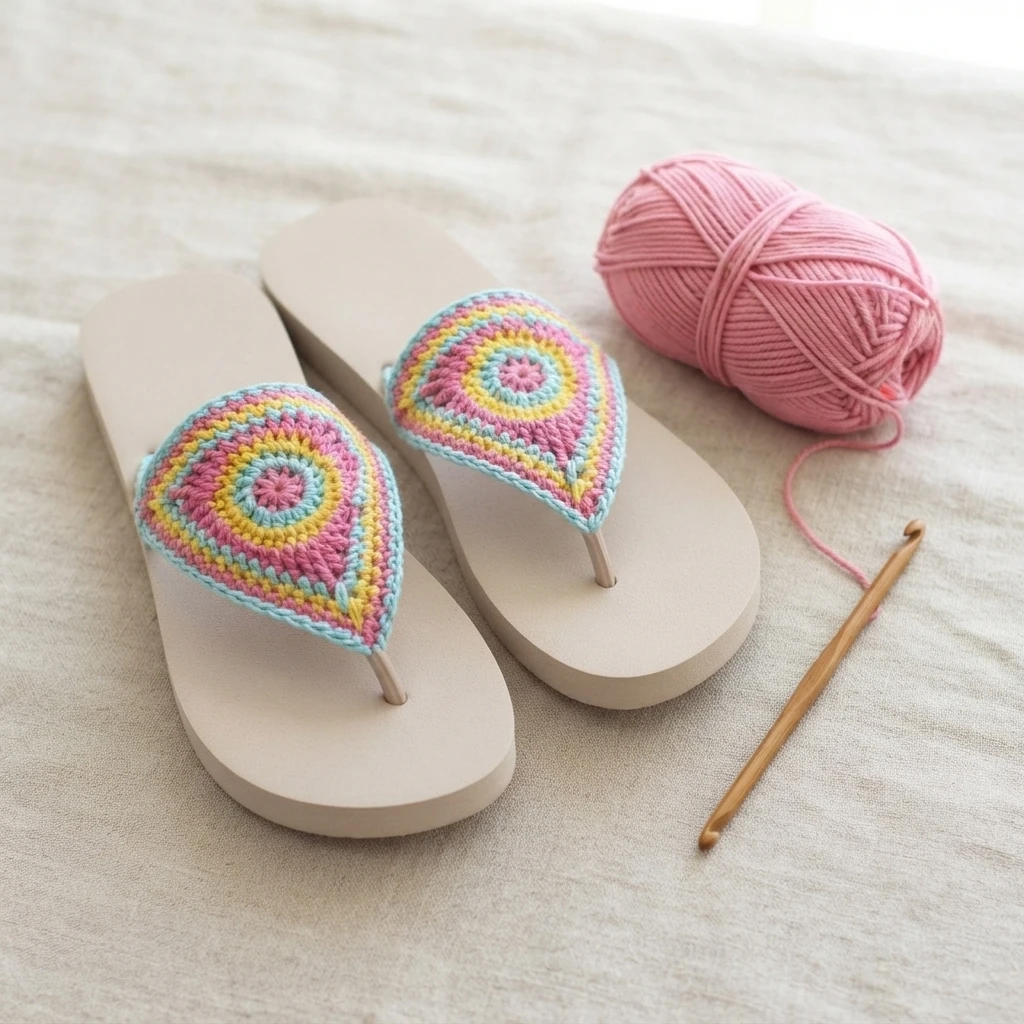 Pair of flip flops with colorful crocheted straps in a pink, yellow and turquoise circular motif, styled on light fabric with a ball of pink yarn and a wooden crochet hook.