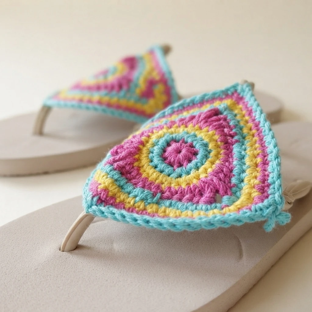 Close-up of crocheted flip-flops with colorful concentric round motifs in pink, yellow and turquoise on cream soles
