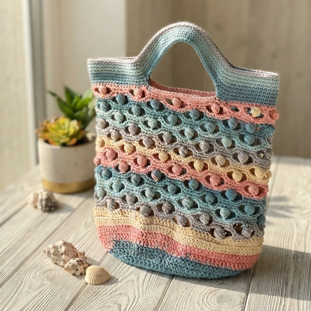Crocheted market tote bag with bobble shell stitch in blue, pink, grey and cream stripes, standing on a wooden table beside seashells and a small potted plant.