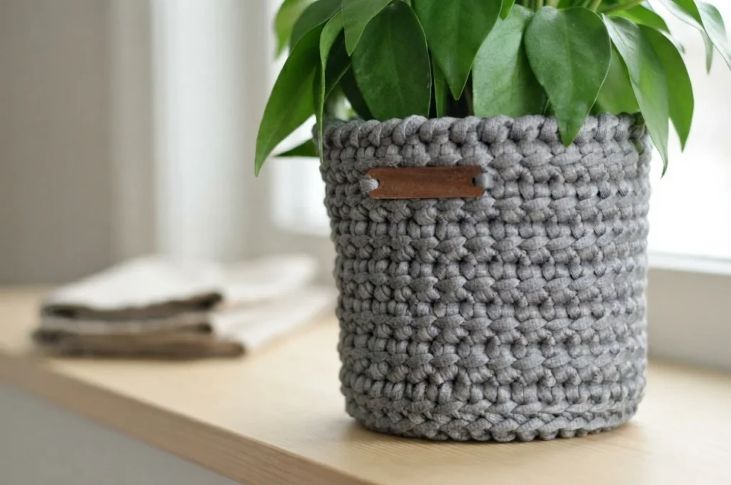 Grey crochet plant pot cover with small brown tag holding a green leafy plant on a wooden windowsill