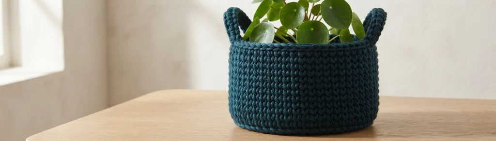 Teal crochet basket with two handles holding a green plant with round leaves on a wooden table near a window.