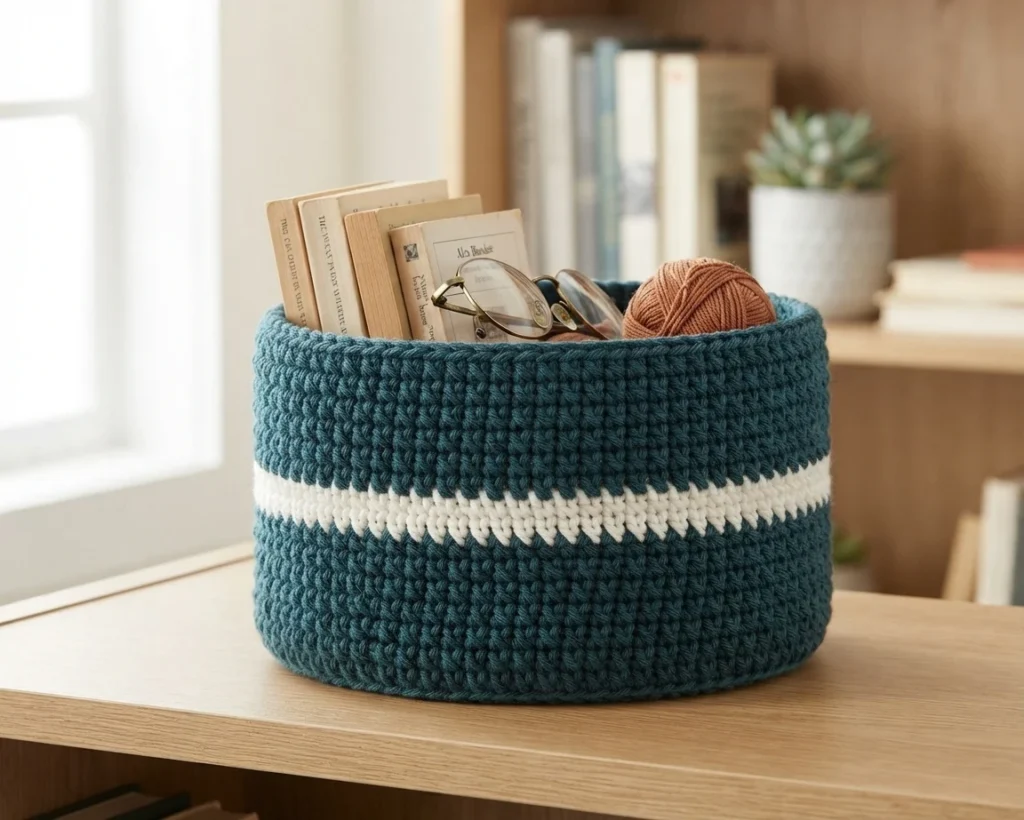 Teal crocheted basket with a white stripe holding books, eyeglasses and a ball of yarn on a wooden shelf