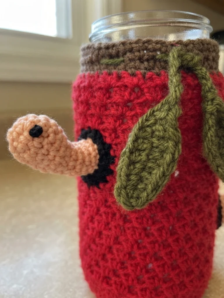 Crocheted red apple cover fitted over a clear glass mason jar, with a brown crocheted top rim, green leaves attached near the top, and a small peach crocheted worm head with black eyes poking out from the side of the cover.