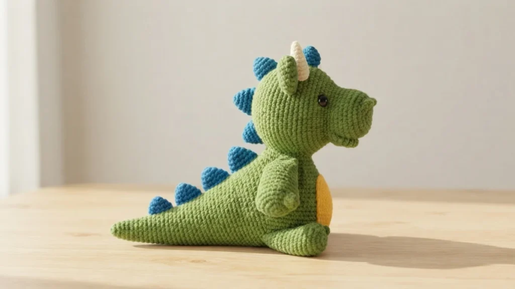 Green crocheted dragon with blue back spikes and a yellow belly patch, shown in side profile sitting on a wooden table.