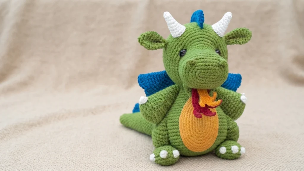 Green crocheted amigurumi dragon with white horns, blue wings and spike, yellow belly patch, and red and yellow flames from its mouth, sitting on beige fabric.