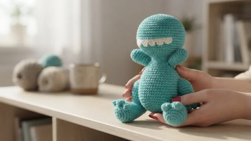 Hands holding a teal crocheted amigurumi from behind, showing its back and legs on a wooden table