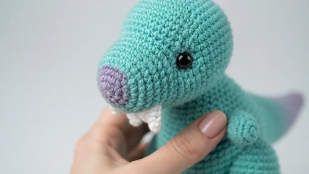 Close-up of a teal crocheted dinosaur toy with a lavender nose and tail tip, white teeth and black safety eye, held in a hand against a light background.